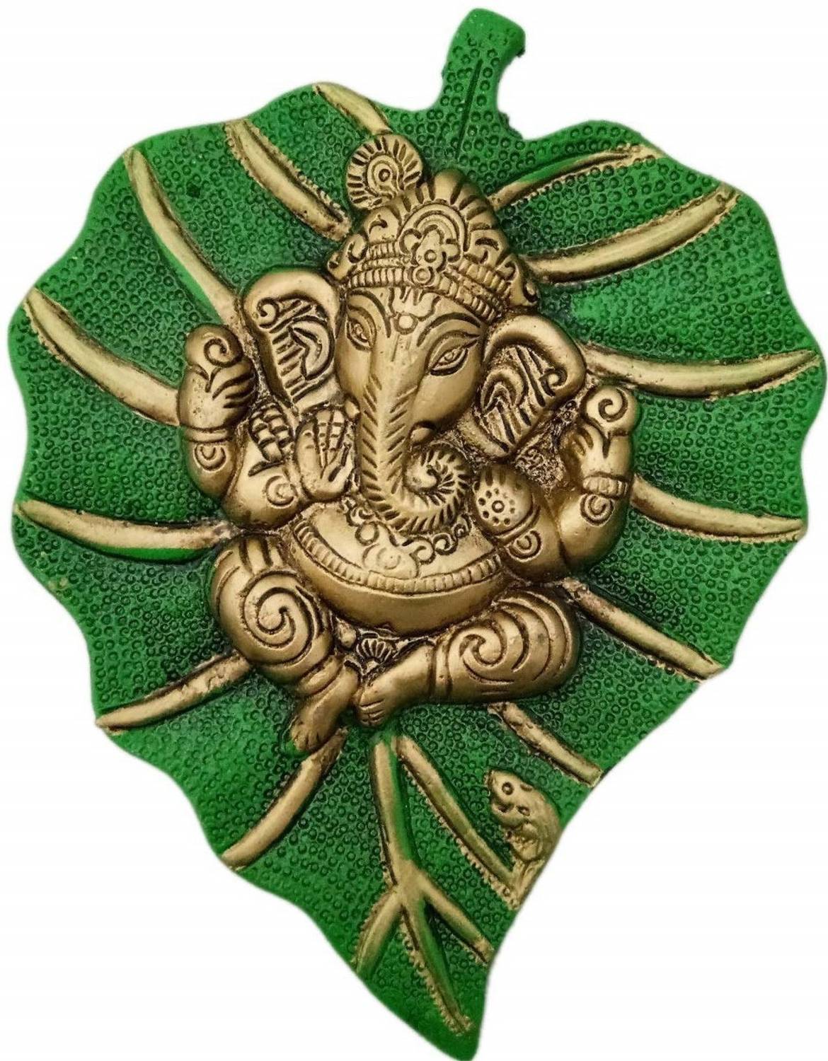 Sawcart Sawcart Lord Ganesh/Ganpati On Green Paan Patta Leaf Decorative Religious Wall Hanging for Home & Office Decor, Feng Shui, Vastu, Sculpture Art Figurine Decorative Showpiece  -  2 cm