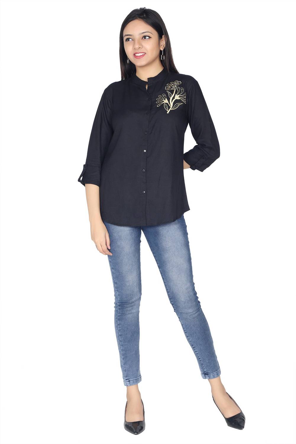 Brijam Casual Roll-up Sleeve Embroidered Women Black Top