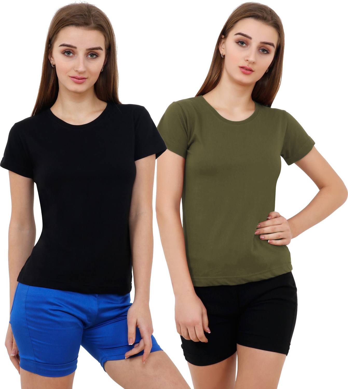 Reifica Solid Women Round Neck Dark Green, Black T-Shirt