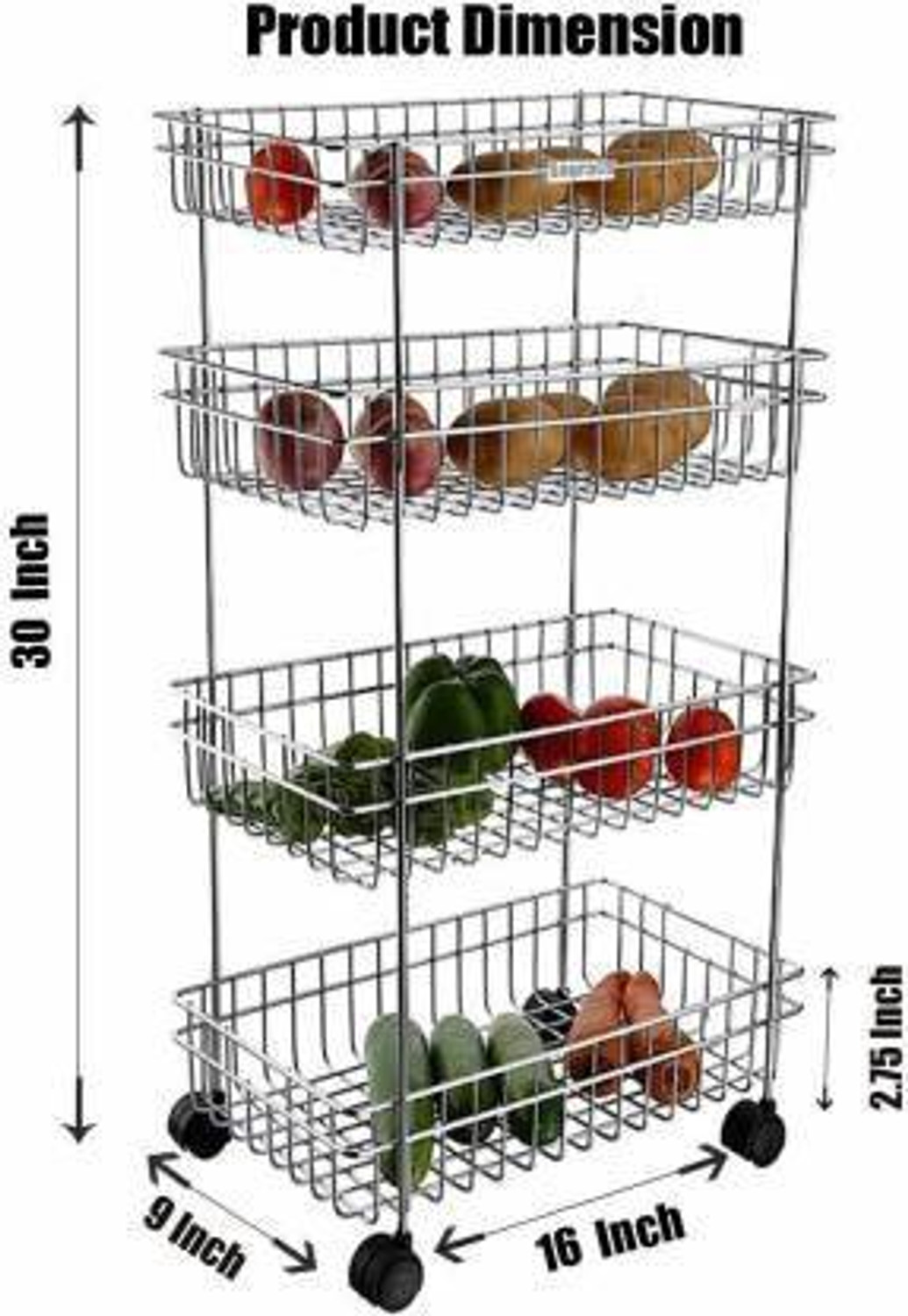 Image of AXUNE 4 Layer Portable Modern Fruit and Vegetable Stand Basket Trolley Morden Onion Potato Cutlery, Spice, Pickles Jars Container Basket Organizer Holder Stand Kitchen Storage Original Steel Kitchen Trolley Stainless Steel Kitchen Trolley
