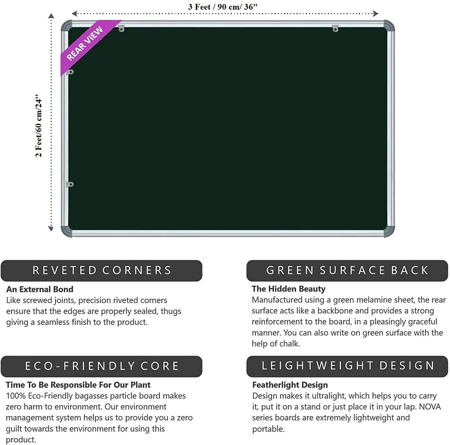 Image of Homedmart 2x3 Feet Super Nova Glosssy Surface Whiteboard (Non-magnetic) | Green Chalk Board Surface On The Back Side | Aluminium Frame Finishing | Ghost Marks Free Smooth Surface White, Green board