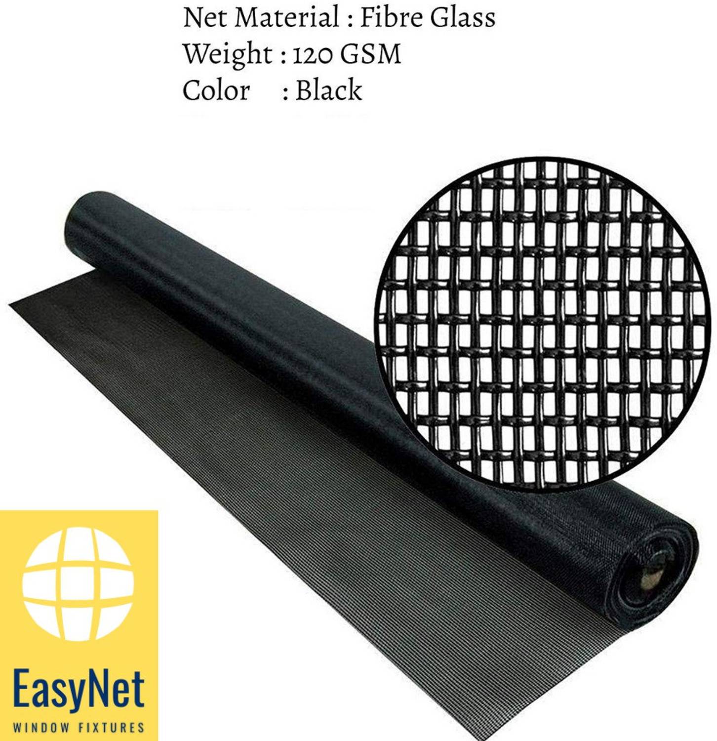 Easynet 4ft x 4ft Super Quality 120GSM PVC coated FibreGlass mosquito mesh for windows, Black with self Adhesive Hool and Loop velcro tape (Unstitched) Fibre Washable Adults Mosquito Net