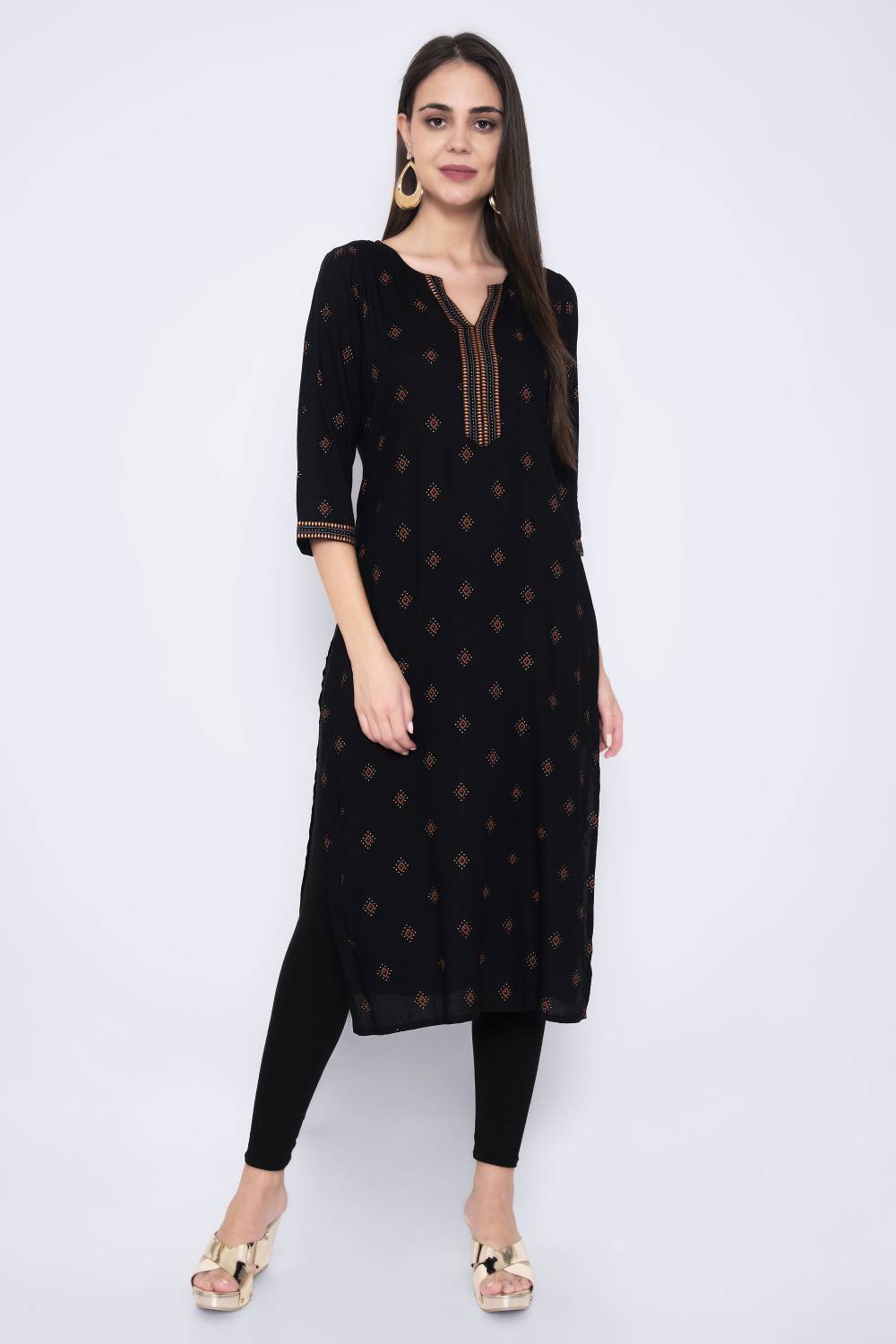 God Bless Women Printed Viscose Rayon Straight Kurta (Black)