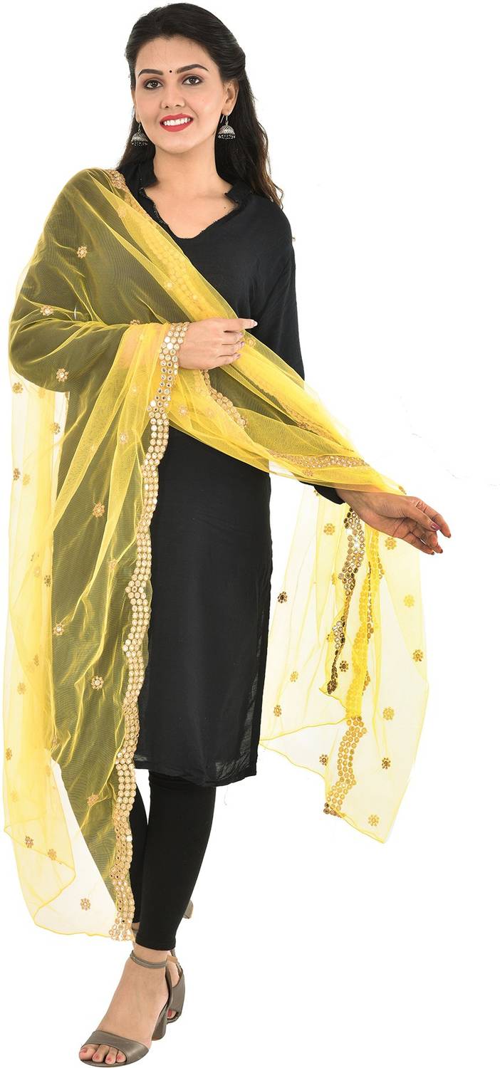 YOUTHQUAKE Net Embellished Yellow Women Dupatta