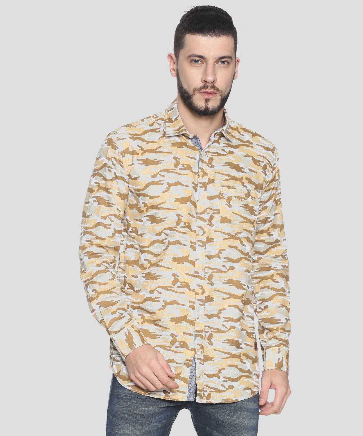 CAHOOT Men Self Design Casual Cream Shirt