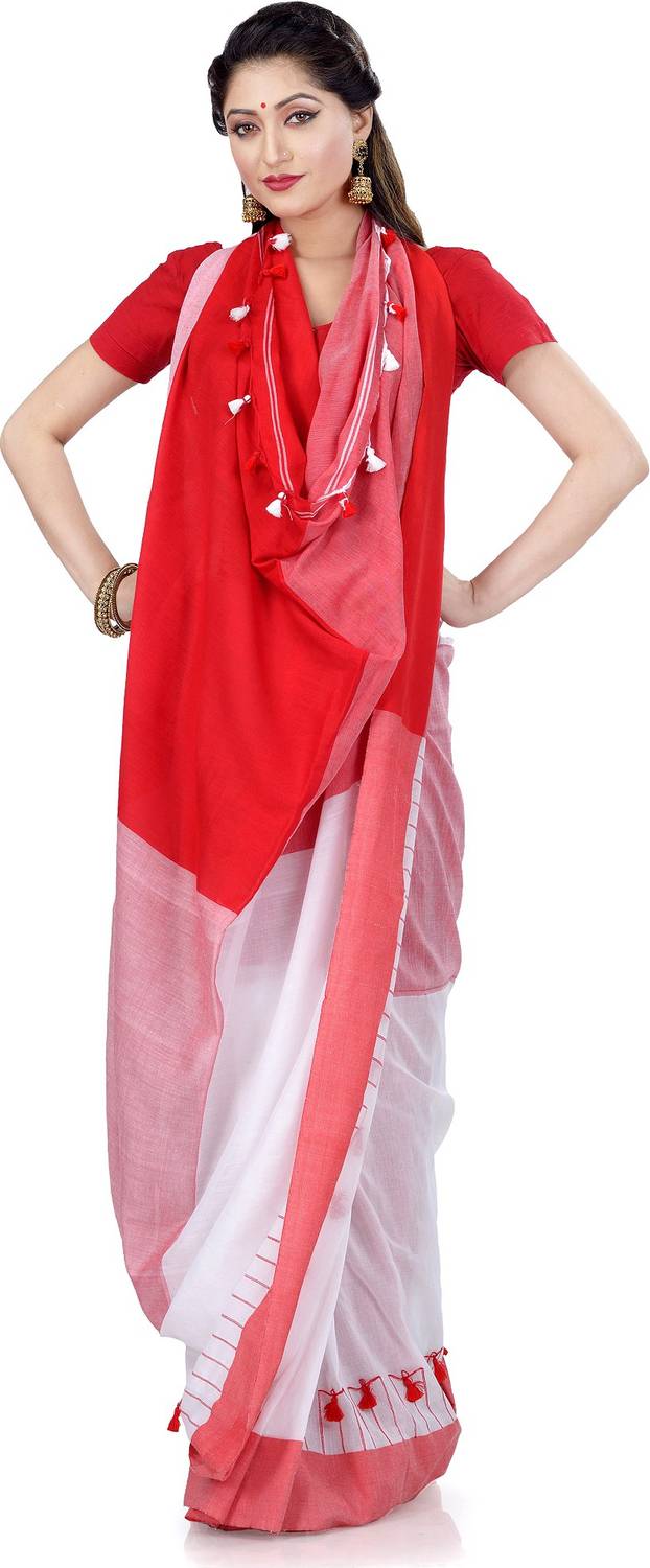 TANTLOOM Striped Handloom Handloom Pure Cotton Saree (Red, White)