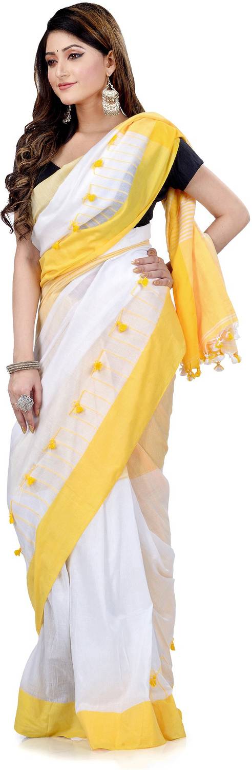 TANTLOOM Striped Handloom Handloom Pure Cotton Saree (Yellow)