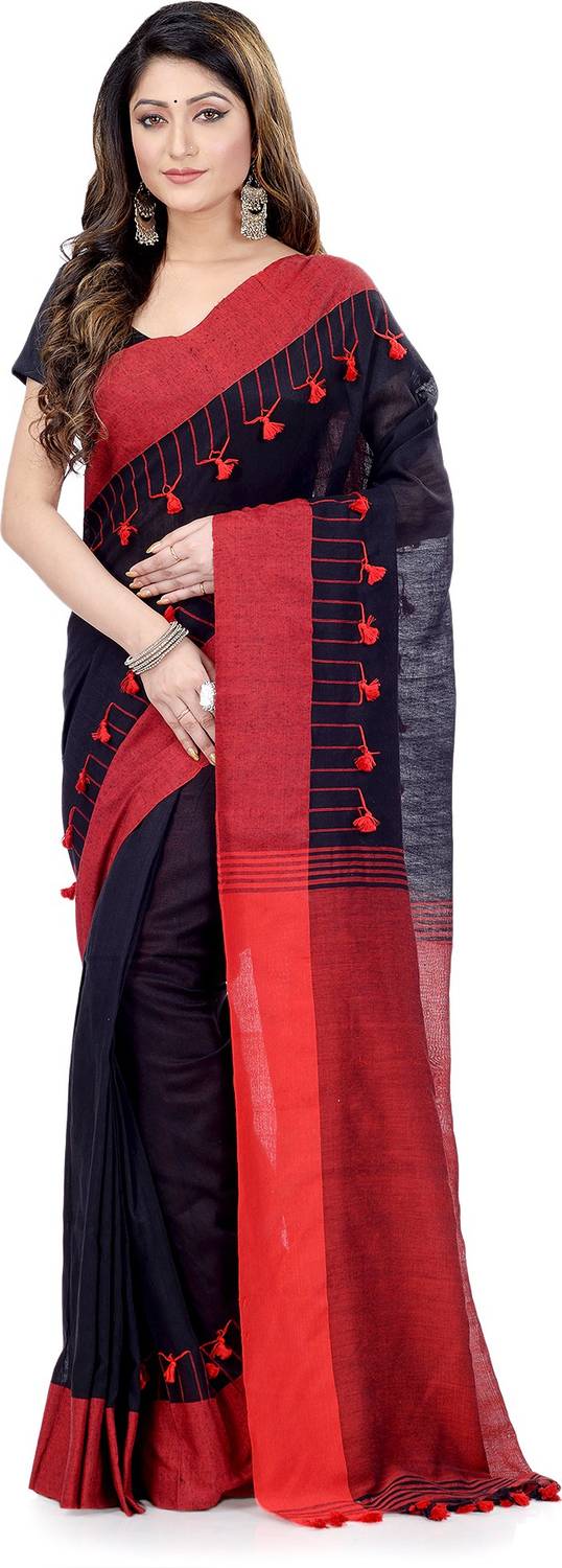 TANTLOOM Striped Handloom Handloom Pure Cotton Saree (Red, Black)