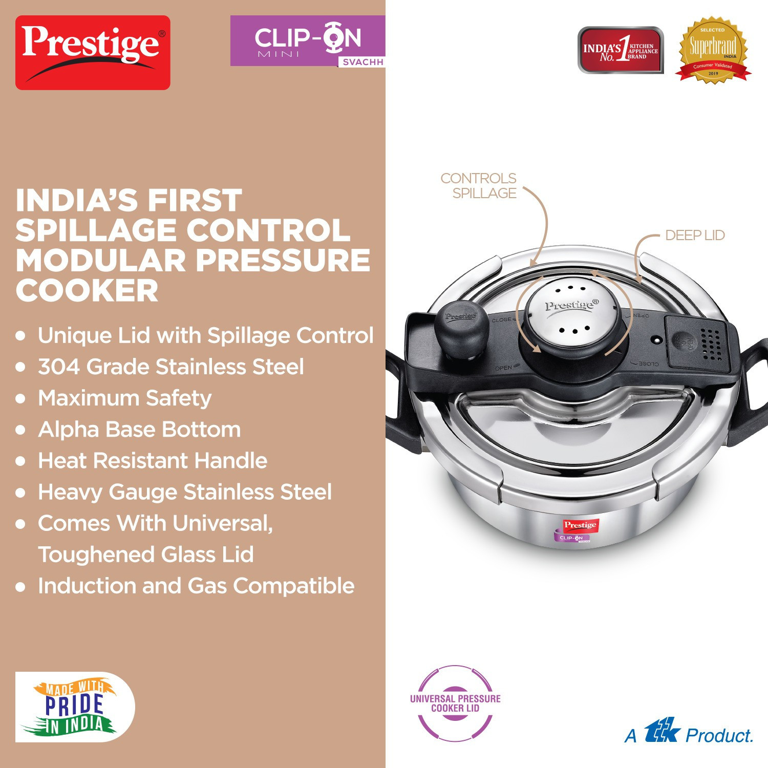 Image of Prestige Svachh Clip on Mini 2 L Induction Bottom Pressure Cooker (Stainless Steel)