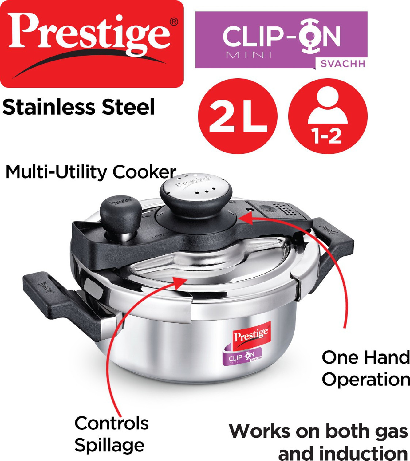 Image of Prestige Svachh Clip on Mini 2 L Induction Bottom Pressure Cooker (Stainless Steel)