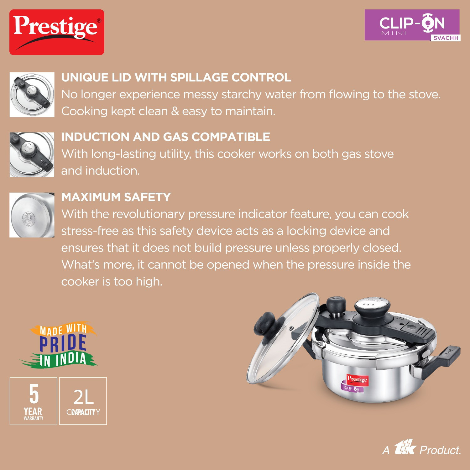 Image of Prestige Svachh Clip on Mini 2 L Induction Bottom Pressure Cooker (Stainless Steel)