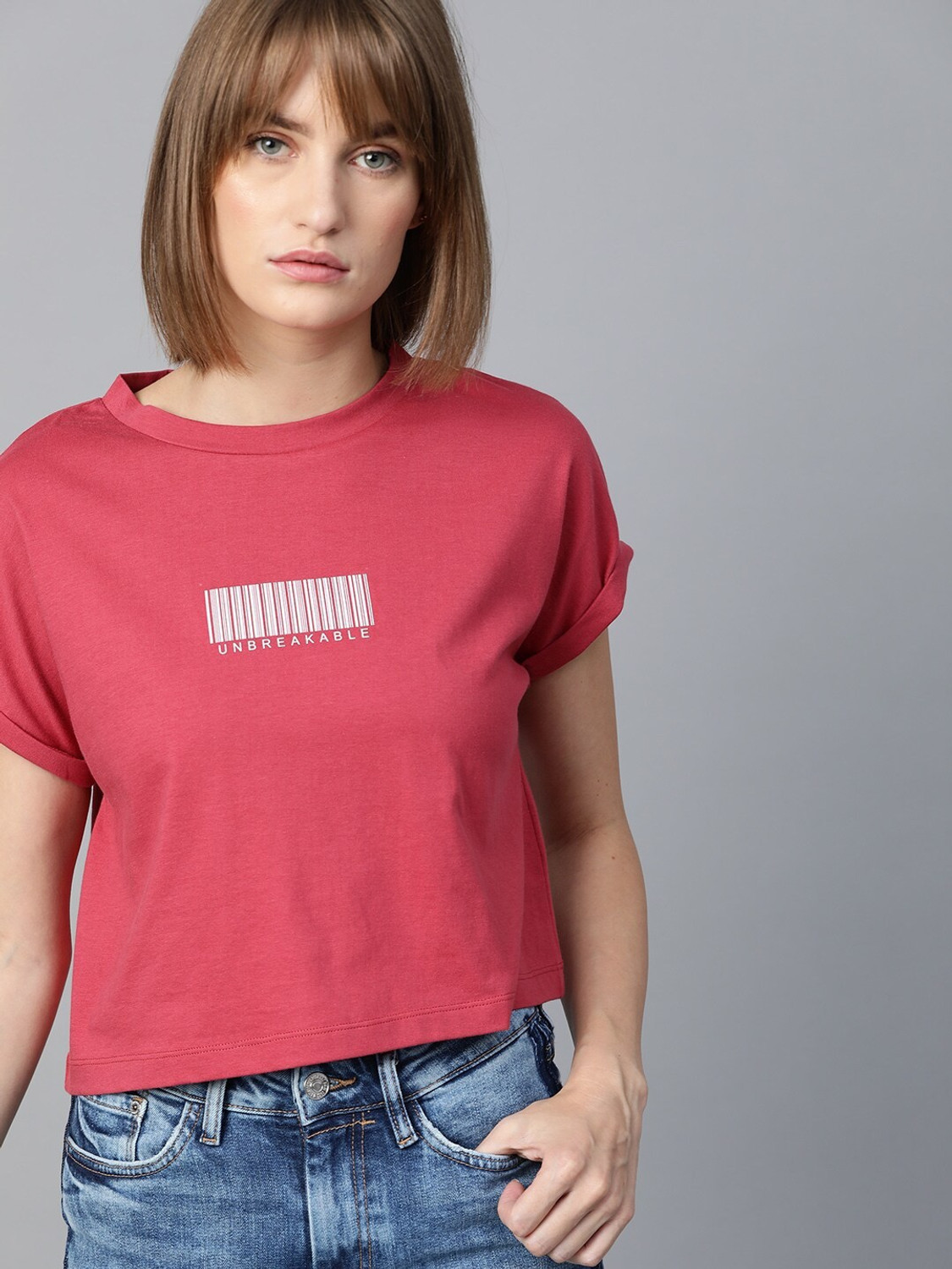 Image of Roadster Solid Women Round Neck Pink T-Shirt