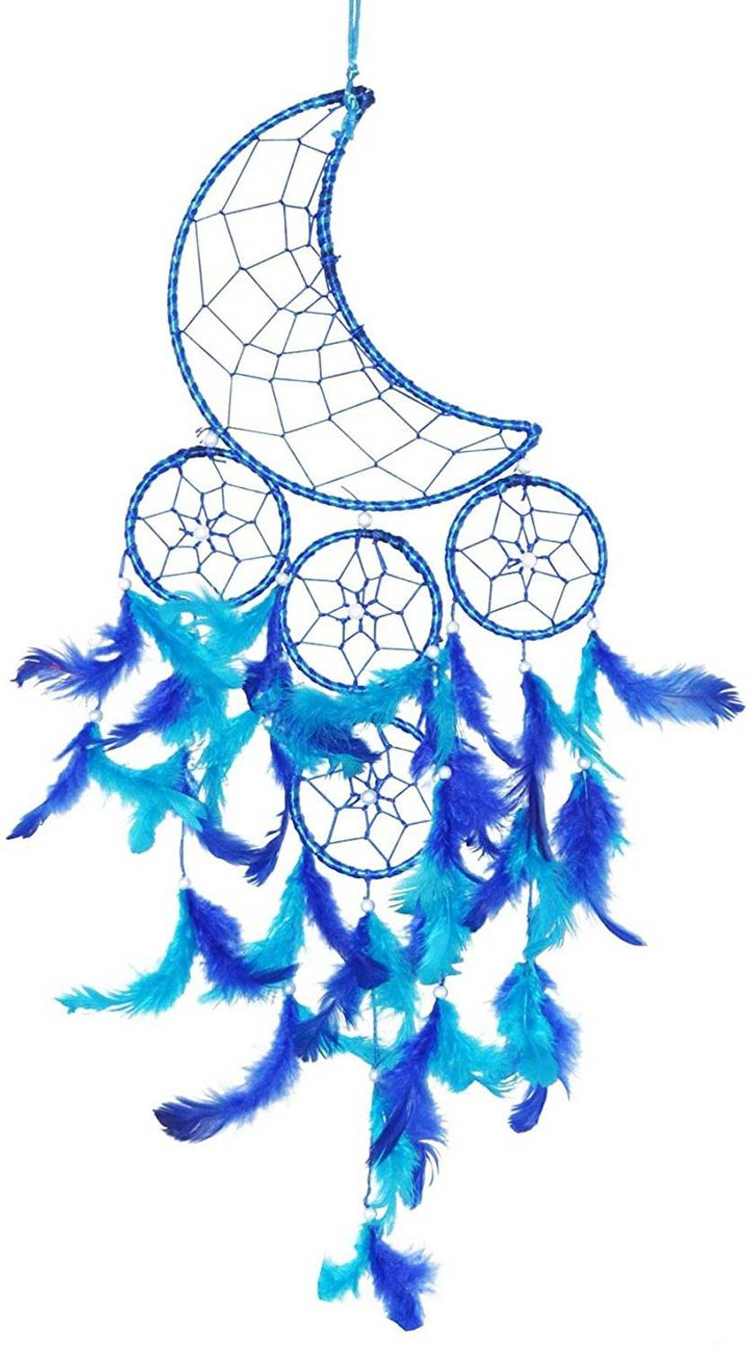 ARTBUG Natural Feather Moon Crescent Blue Dream Catcher Wall Hanging for Positive Energy and Protection - for Home/Office/Shop/Rooms Decorative Showpiece  -  55 cm