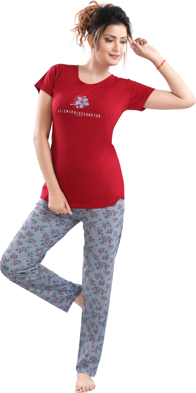Image of DZZO Women Floral Print Red Top & Pyjama Set