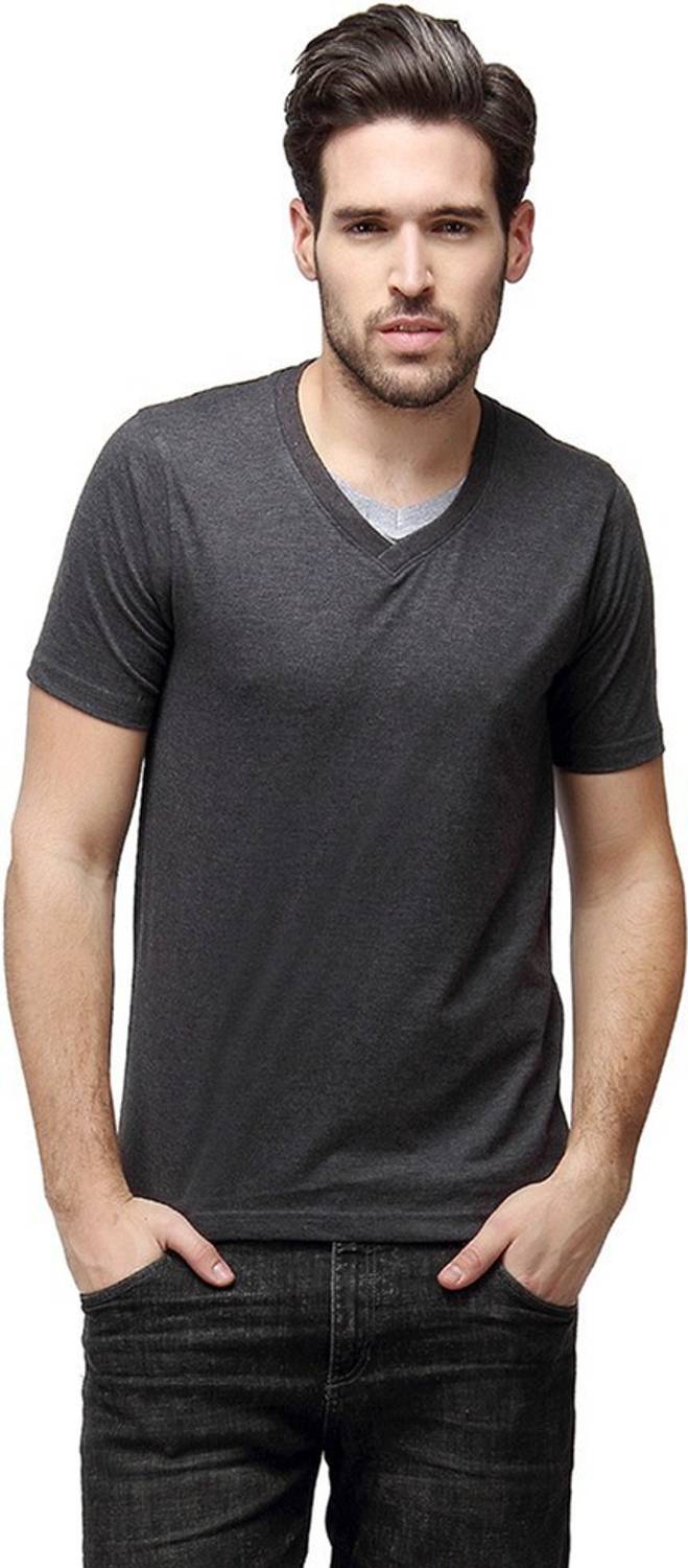 CAHOOT Solid Men V Neck Grey T-Shirt