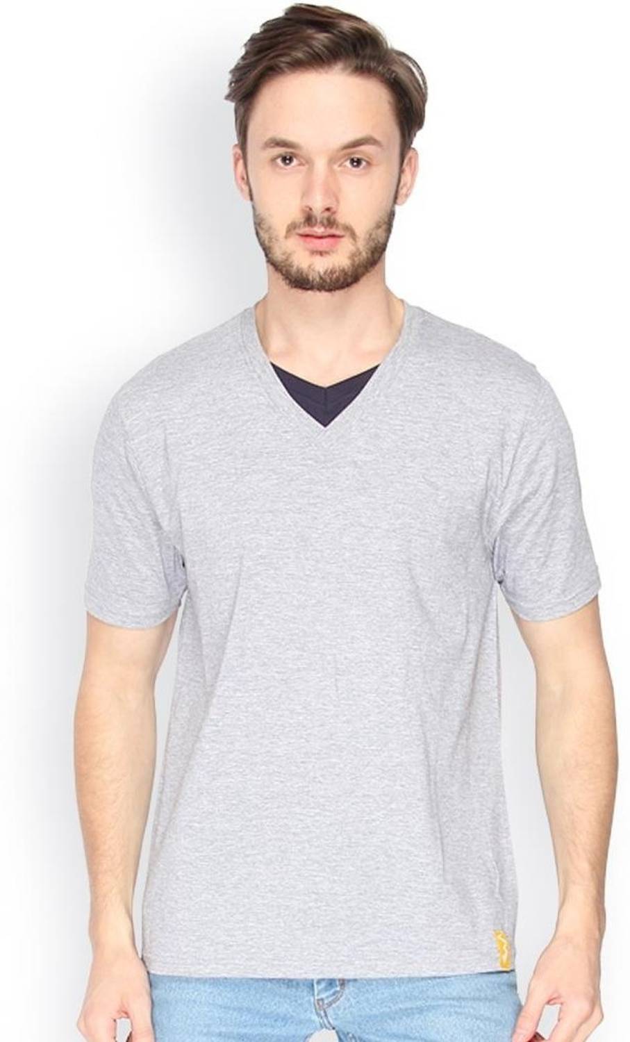 CAHOOT Solid Men V Neck Grey T-Shirt