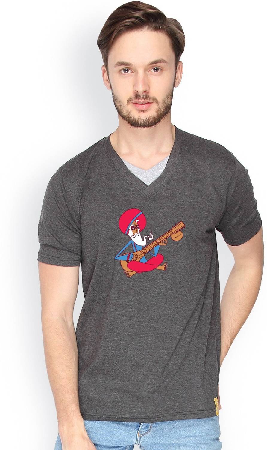 CAHOOT Solid Men V Neck Grey T-Shirt