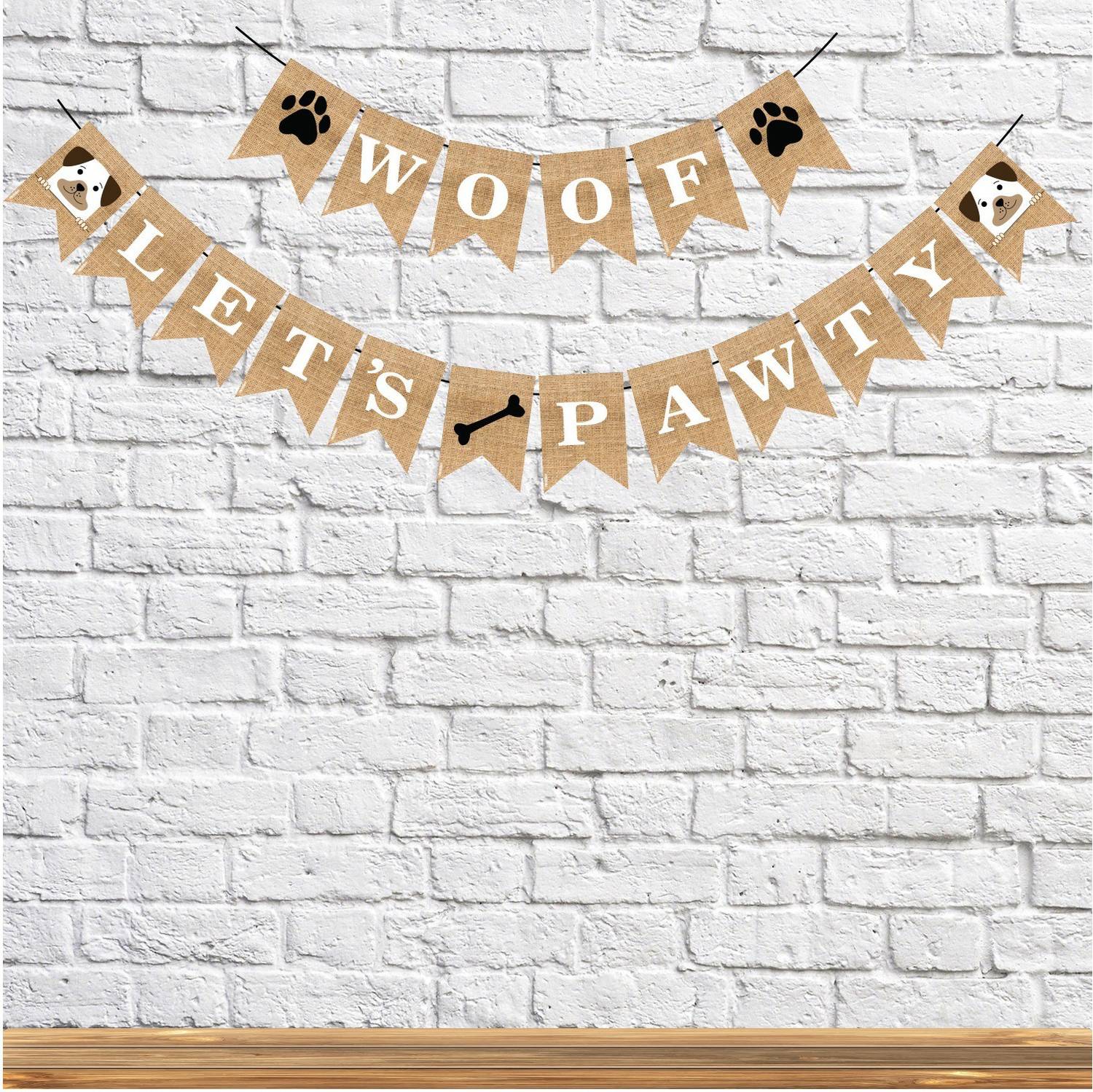 Balloons Woof Let's Pawty Dogs Jute Birthday Banner - Pet Puppy Boys Girls Birthday Party Swallow - Paws Print Bone Doggie Adoption Party Decorations Banner