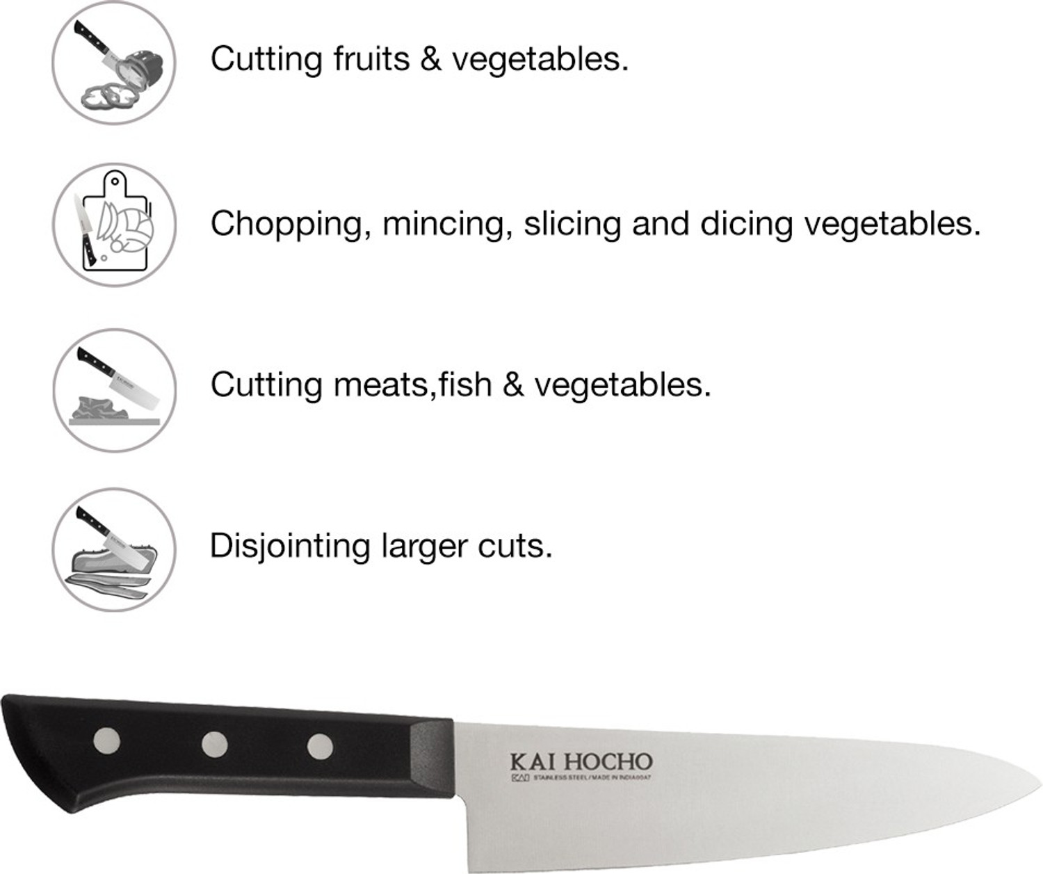 Image of Kai 3 Pc Stainless Steel Knife Set Hocho Premium Chef Knife, Serrated Knife, Premium Petty Knife Blade, Black