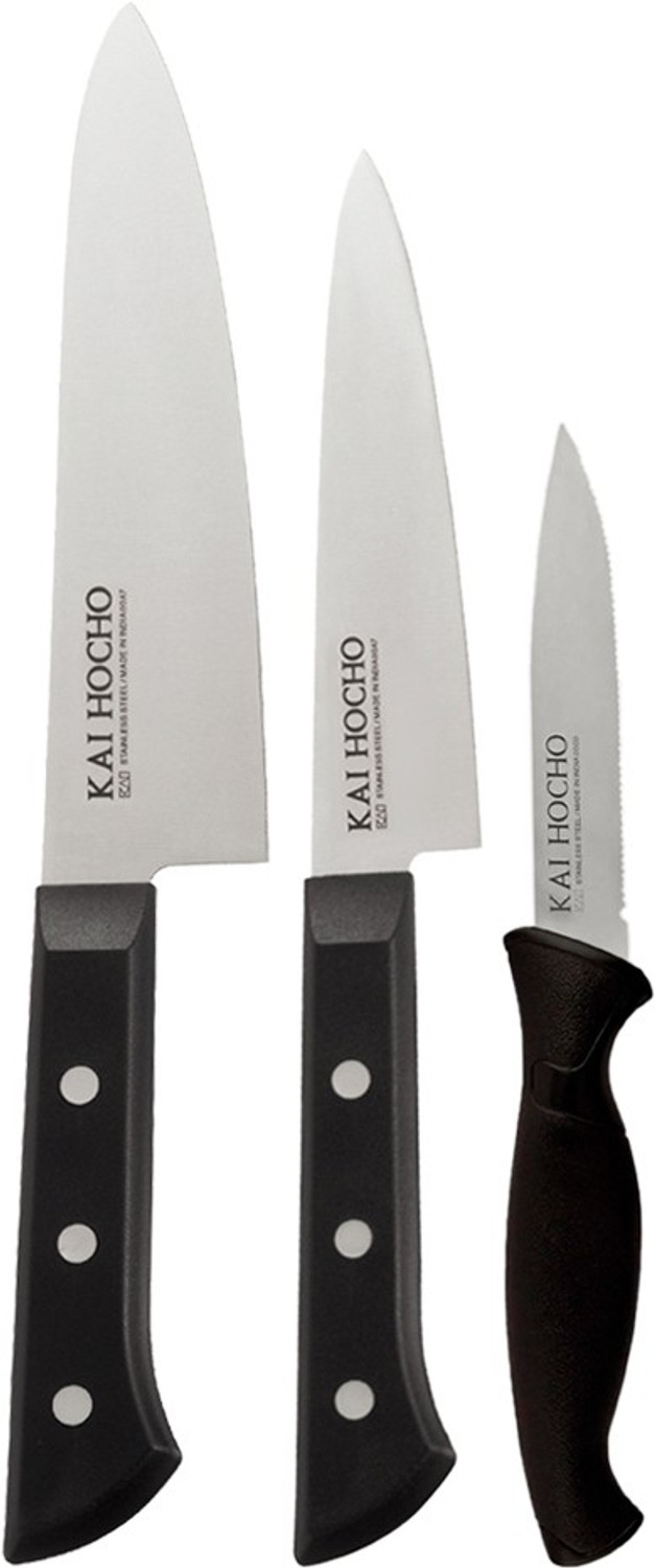 Image of Kai 3 Pc Stainless Steel Knife Set Hocho Premium Chef Knife, Serrated Knife, Premium Petty Knife Blade, Black