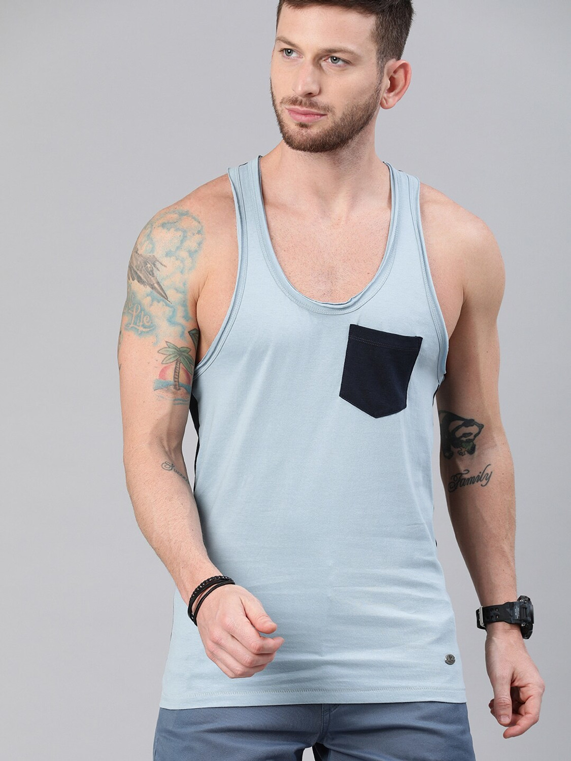 Image of Roadster Solid Men Scoop Neck Blue T-Shirt