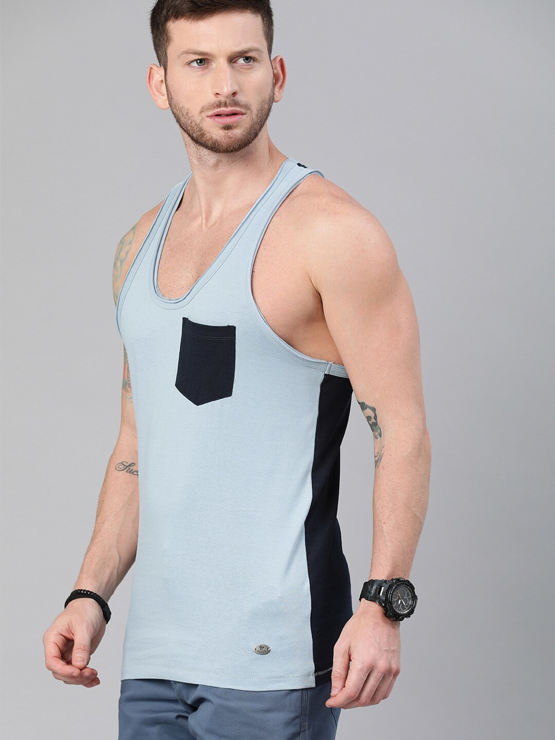 Image of Roadster Solid Men Scoop Neck Blue T-Shirt