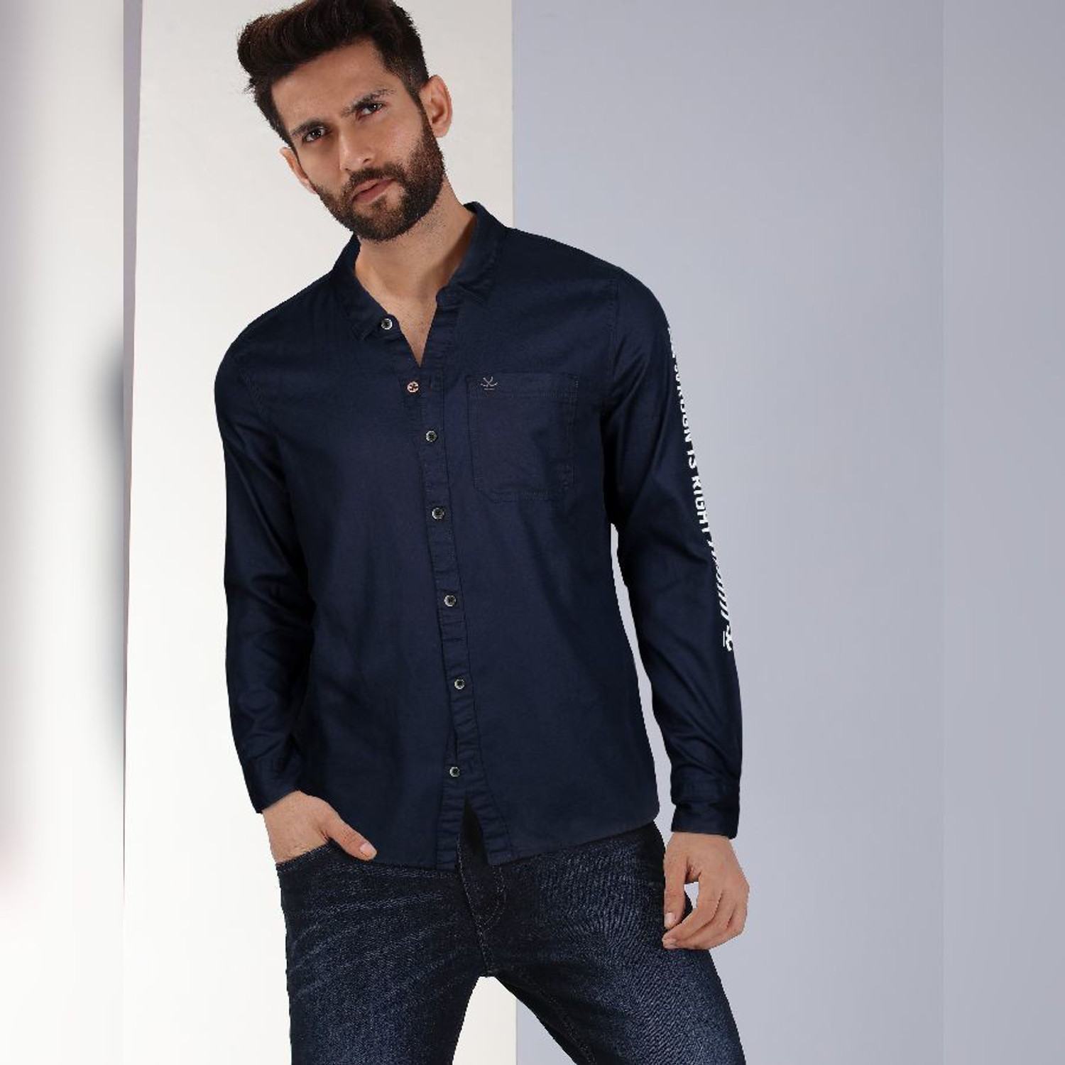 Image of WROGN Men Solid Casual Blue Shirt