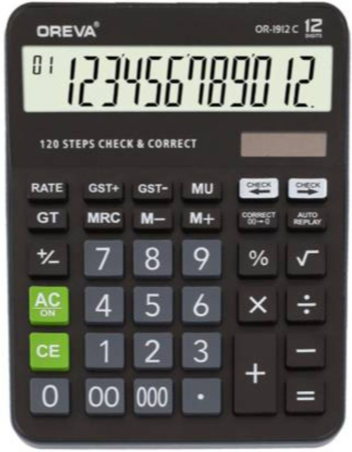 Image of OREVA OR-1912 C Desktop Calculator GST Calculation Solar & Battery Auto Replay Black Financial Calculator