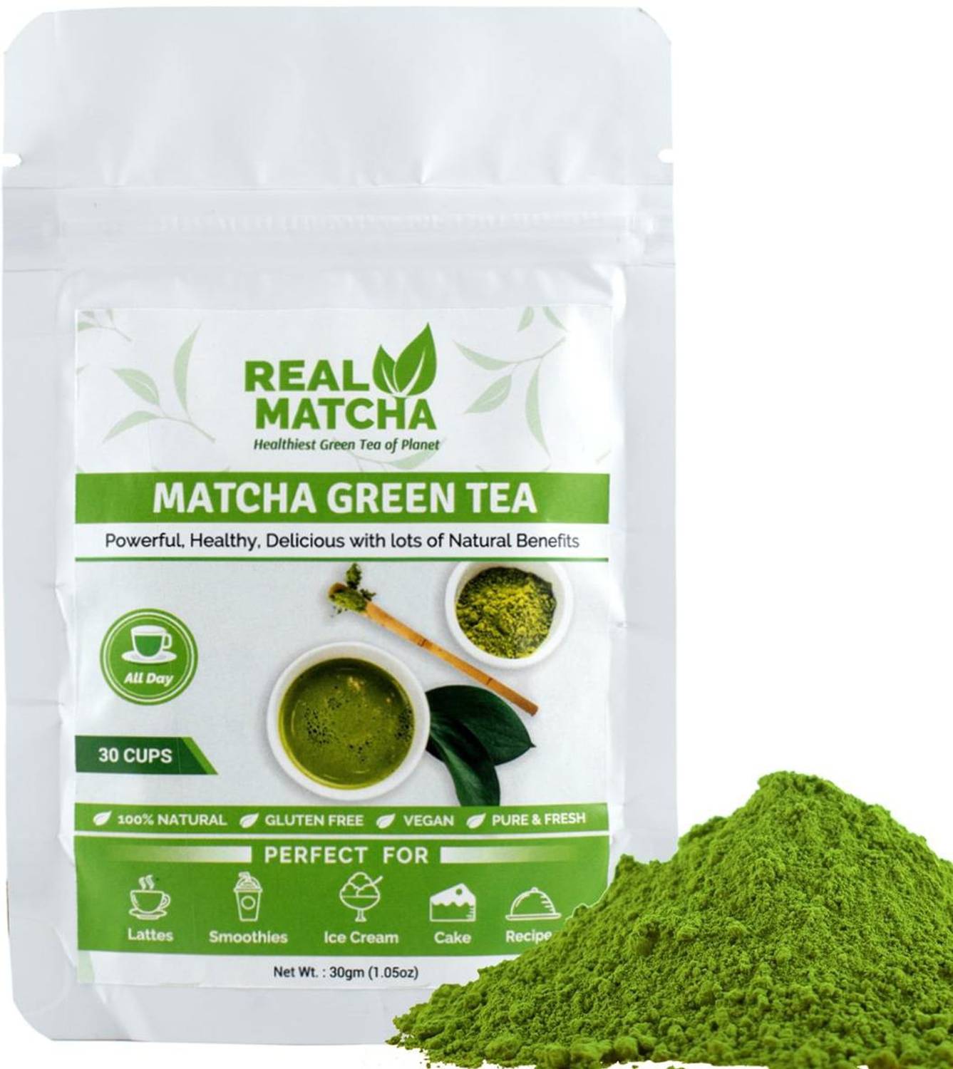 Real Matcha Green Tea Powder for Weight Loss - Best for Making Matcha Tea, Lattes, Smoothies, Baking, Iced Tea & Ice Cream - (Powerful Body Detoxifier, Antioxidant, Fat Burner, Increase Energy & Focus), Origin Japan (30 Cups) Matcha Tea Pouch