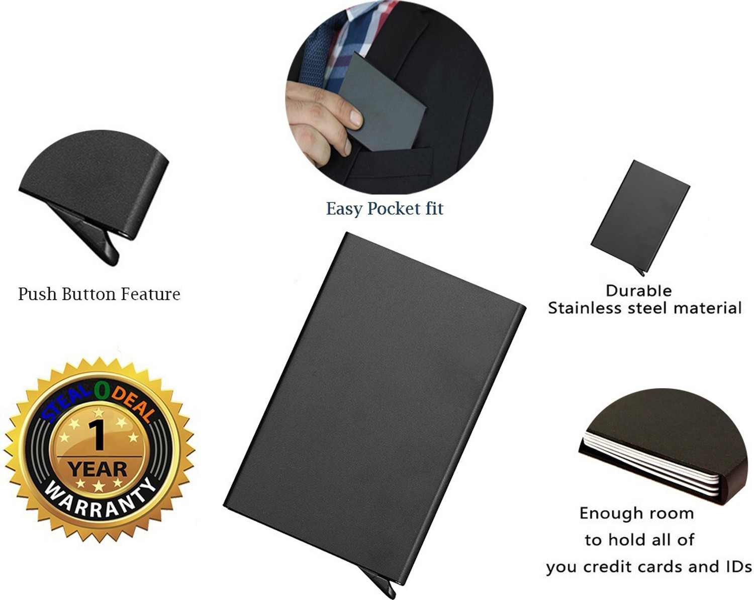 Image of StealODeal Black Automatic Pop-Up RFID Protection ATM /Credit /Debit For Men &Women Slots 8 Card Holder