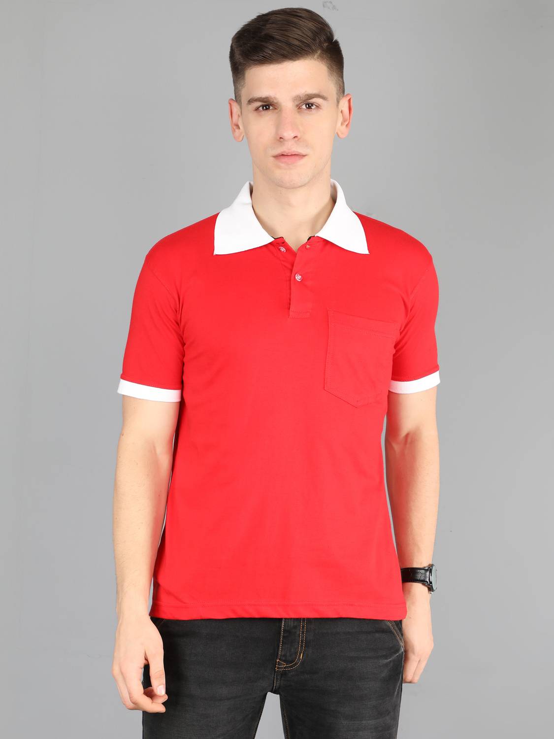 Fleximaa Men Solid Polo Neck Cotton Blend Red T-Shirt