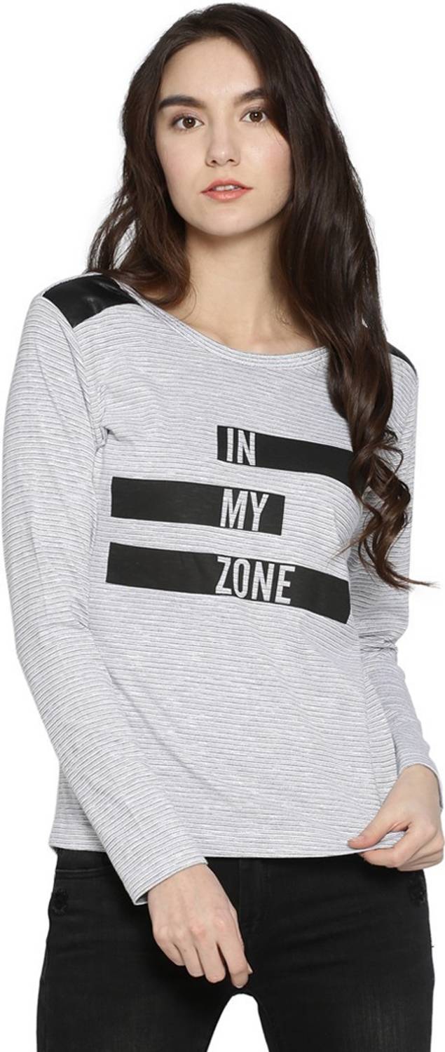 CAMPUS SUTRA Casual Full Sleeve Striped, Graphic Print Women Grey Top