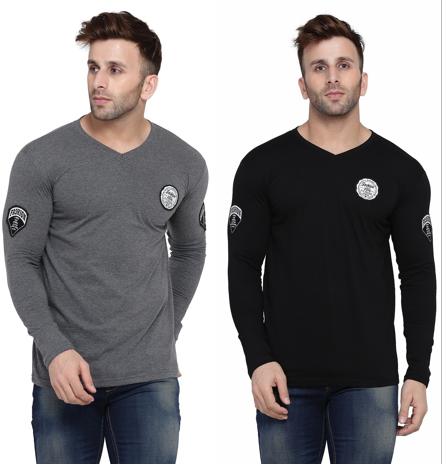 Image of GEUM Solid Men V Neck Black, Grey T-Shirt