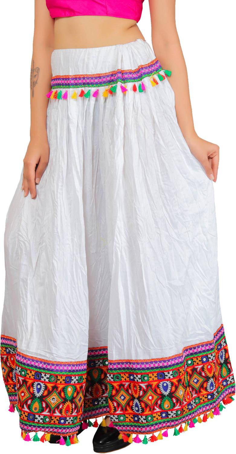 Kumbhaj Applique, Embroidered, Embellished, Solid Women A-Line White Skirt