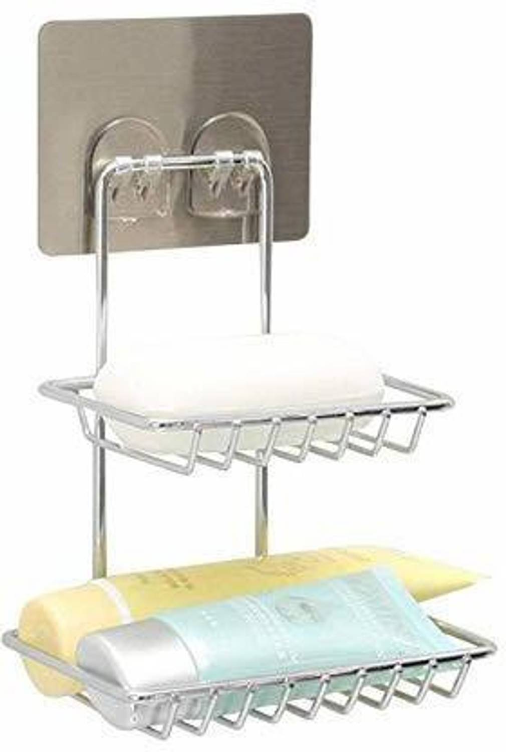 Aksharam Wall Mount Self-Adhesive Stainless Steel Waterproof Kitchen Bathroom Double-Layer Soap Dish Holder (Silver)