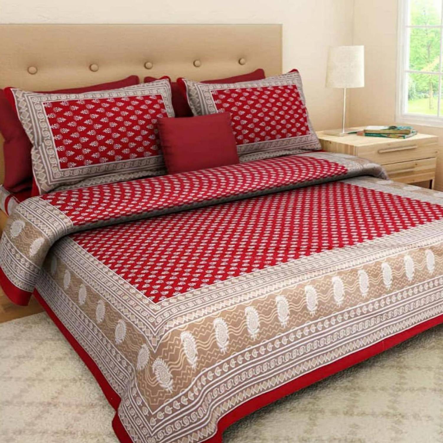 FOXX Cotton Double Flat 144 TC Checkered 1 Bedsheet with 2 Pillow