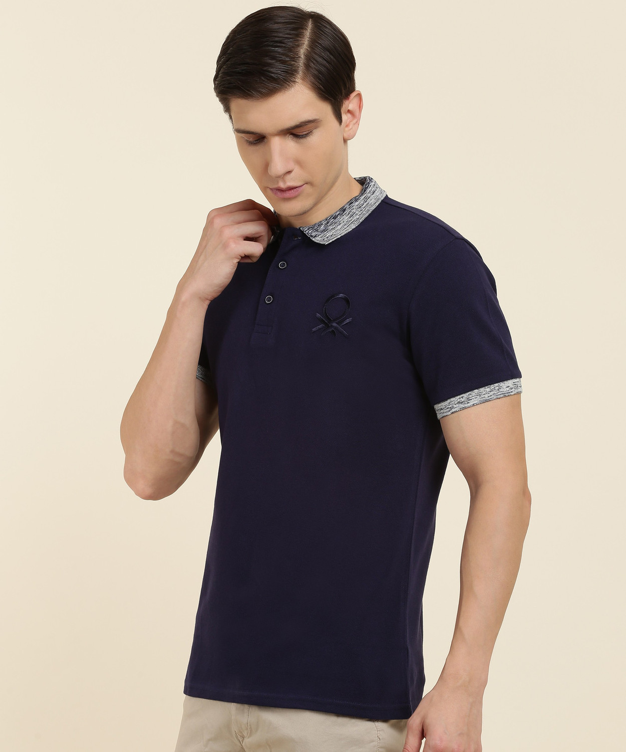 Image of United Colors of Benetton Solid Men Polo Neck Dark Blue T-Shirt