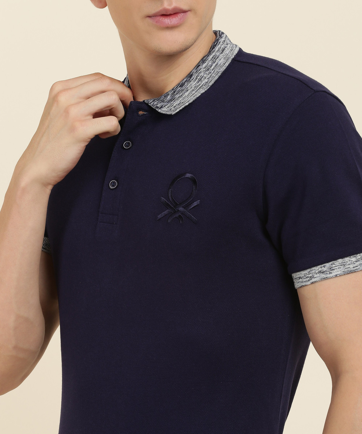 Image of United Colors of Benetton Solid Men Polo Neck Dark Blue T-Shirt