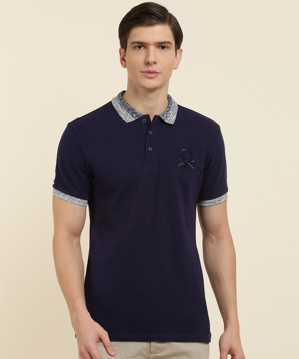 Image of United Colors of Benetton Solid Men Polo Neck Dark Blue T-Shirt