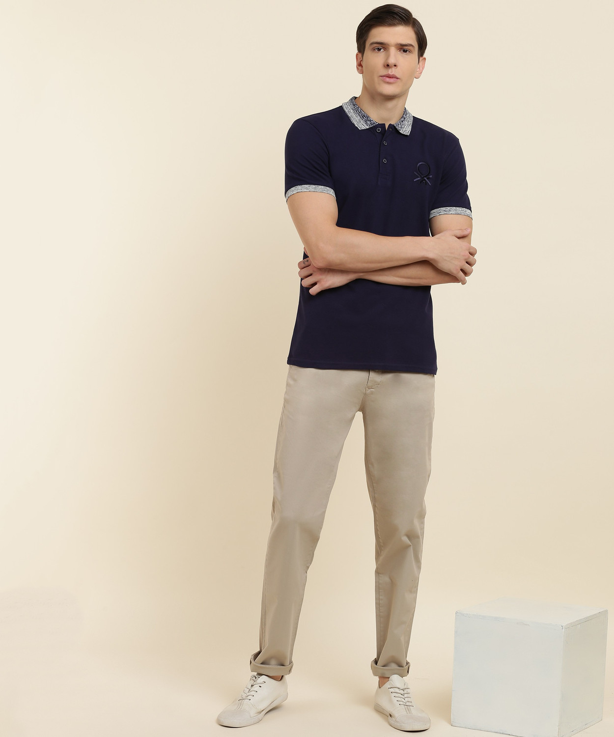 Image of United Colors of Benetton Solid Men Polo Neck Dark Blue T-Shirt