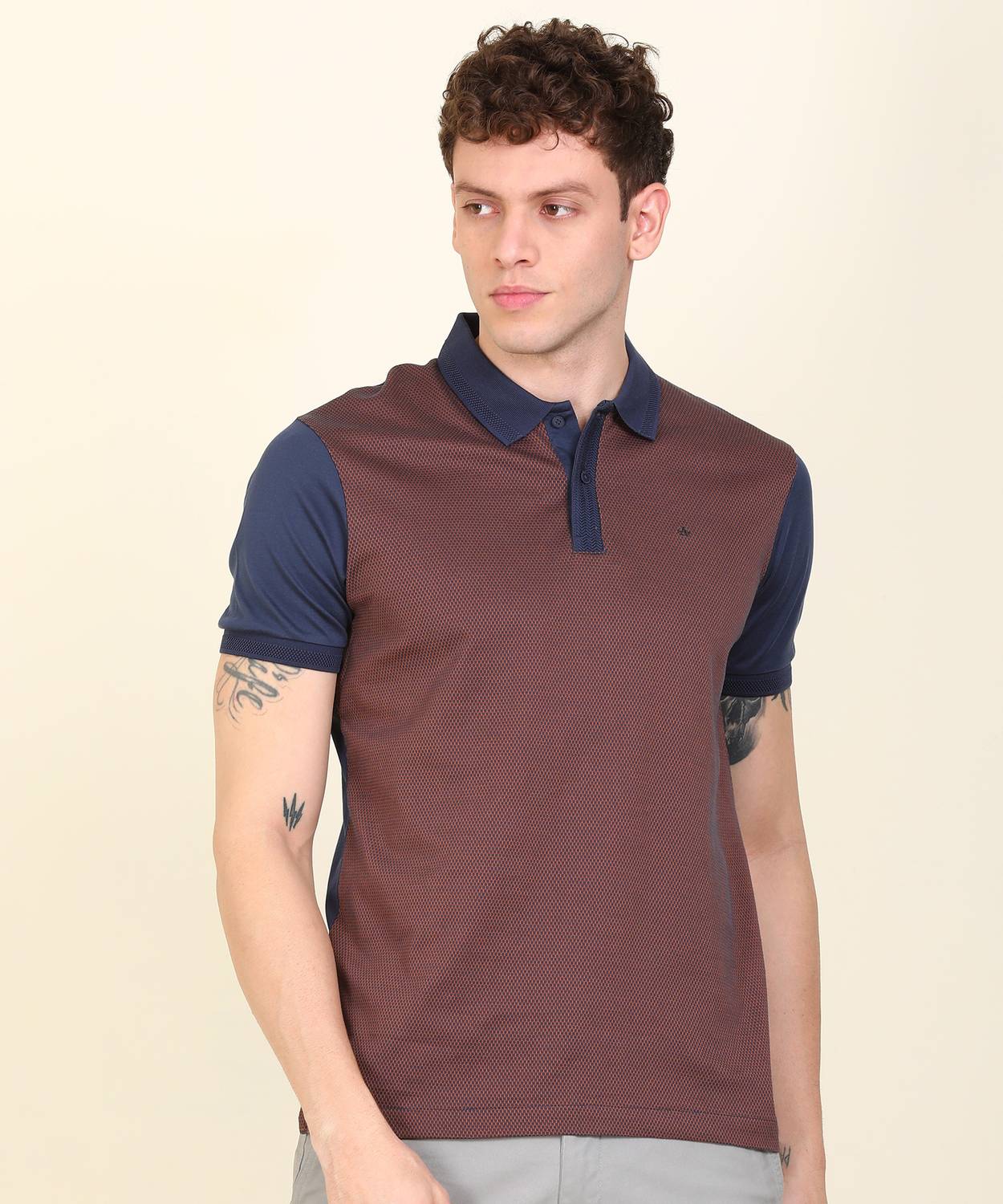 Arrow Newyork Self Design Men Polo Neck Brown, Blue T-Shirt