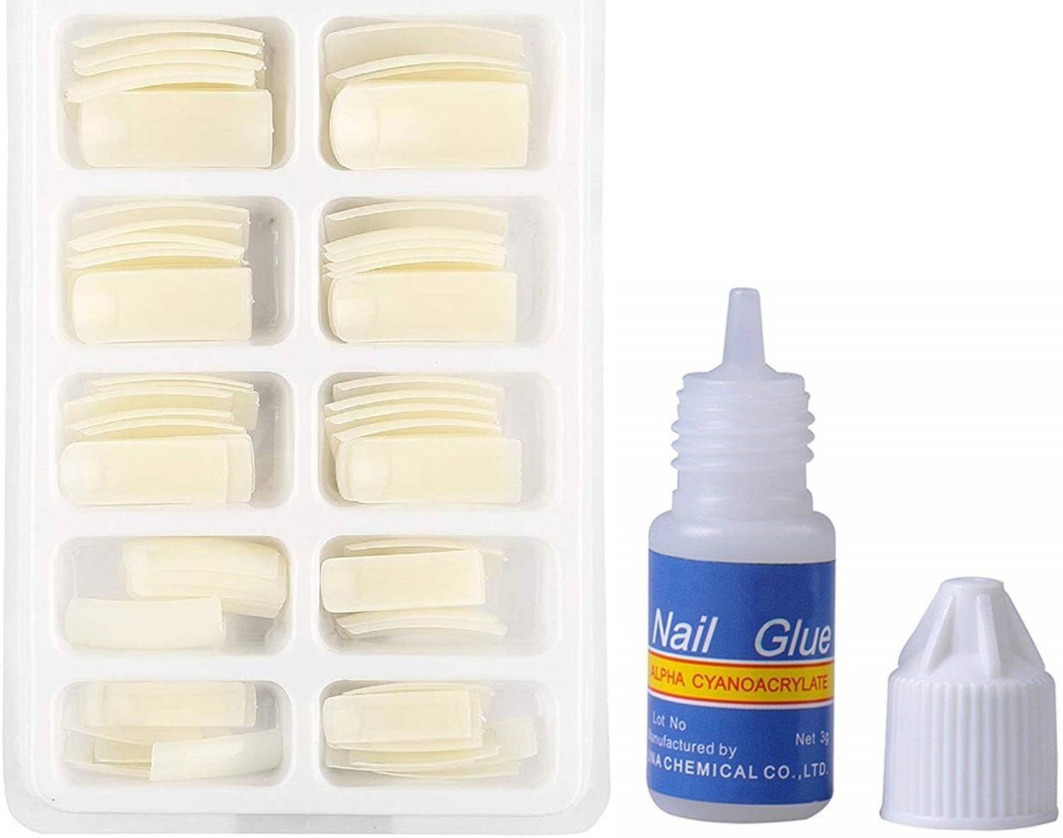 angelie acrylic artificial shining French manicure fake nails with Glue While - Pack of 50 White