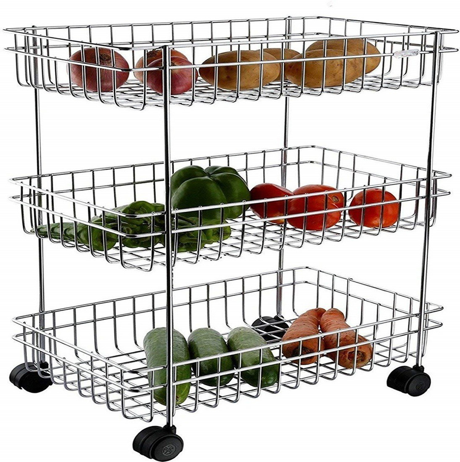 Image of protiblesales 3 Layer Fruit and Vegetable Stand Basket Trolley Moden Onion Potato Kitchen Storage Steel Rack Stainless Steel Kitchen Trolley