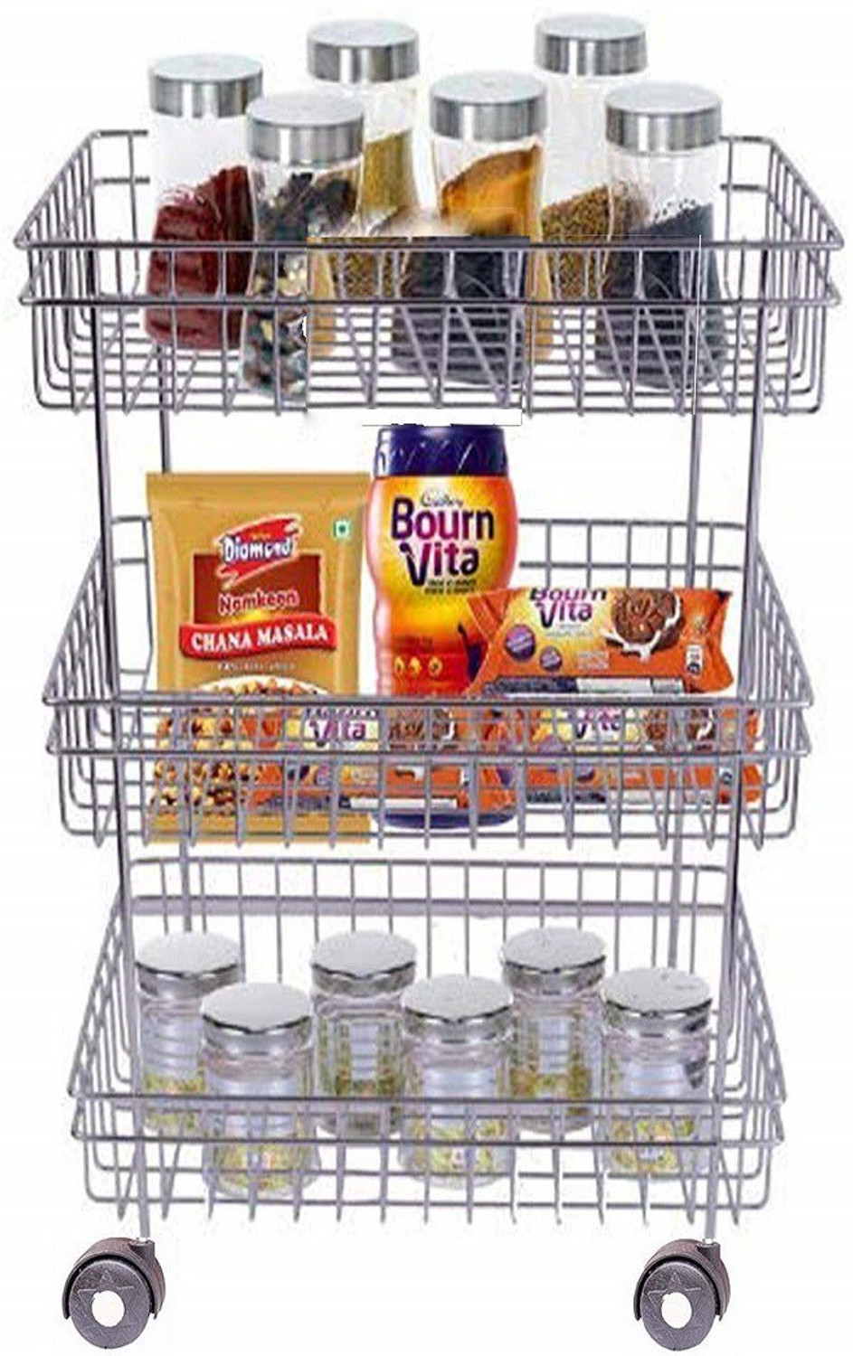 Image of protiblesales 3 Layer Fruit and Vegetable Stand Basket Trolley Moden Onion Potato Kitchen Storage Steel Rack Stainless Steel Kitchen Trolley