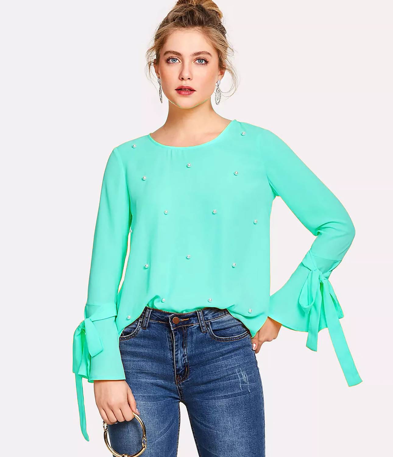 Alfa Fashion Casual Bell Sleeve Embellished Women Light Green Top