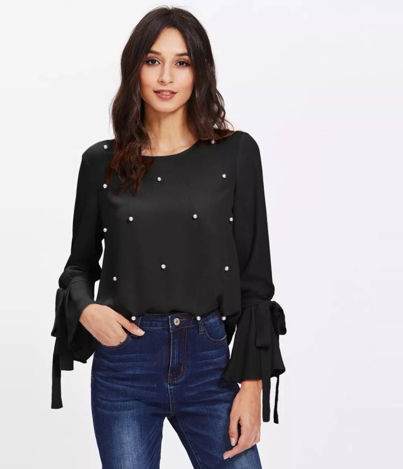 Alfa Fashion Casual Bell Sleeve Embellished Women Black Top