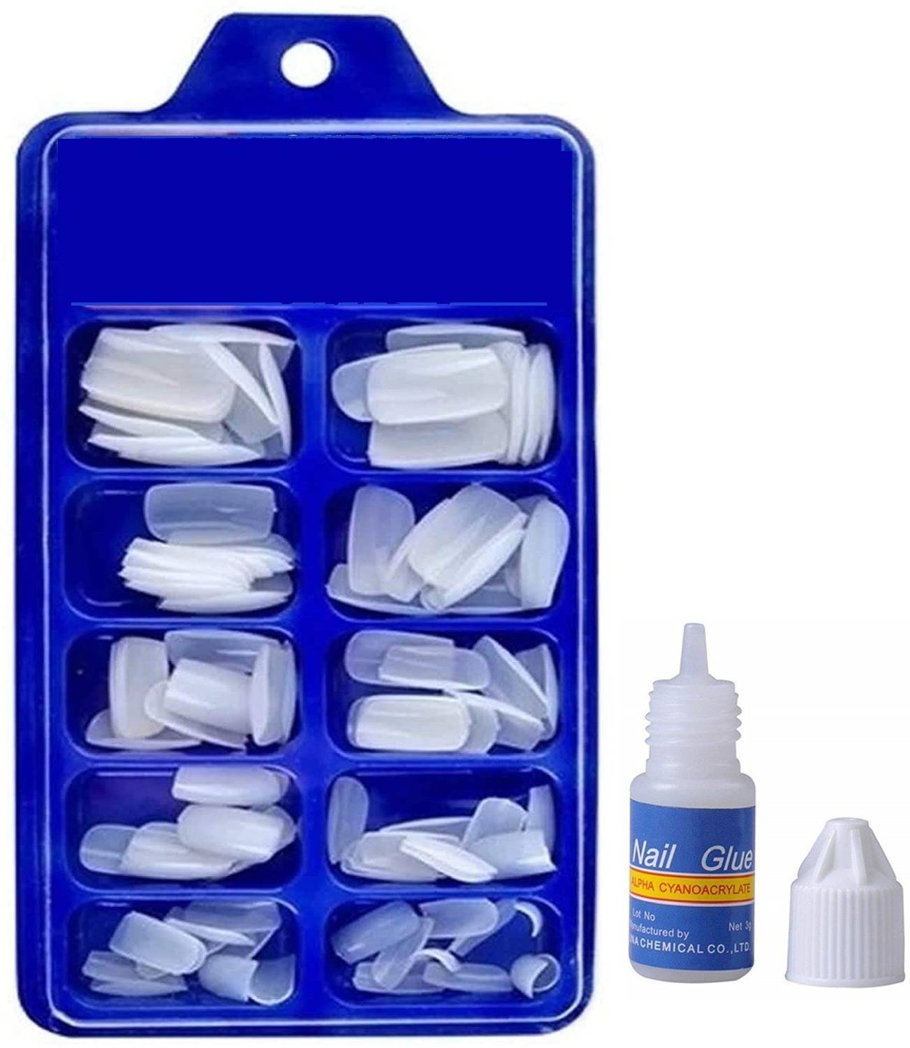 angelie 50pcs White Color Square Big False Nails Fake Nail Art Tips 10 Sizes With Nails Glue White