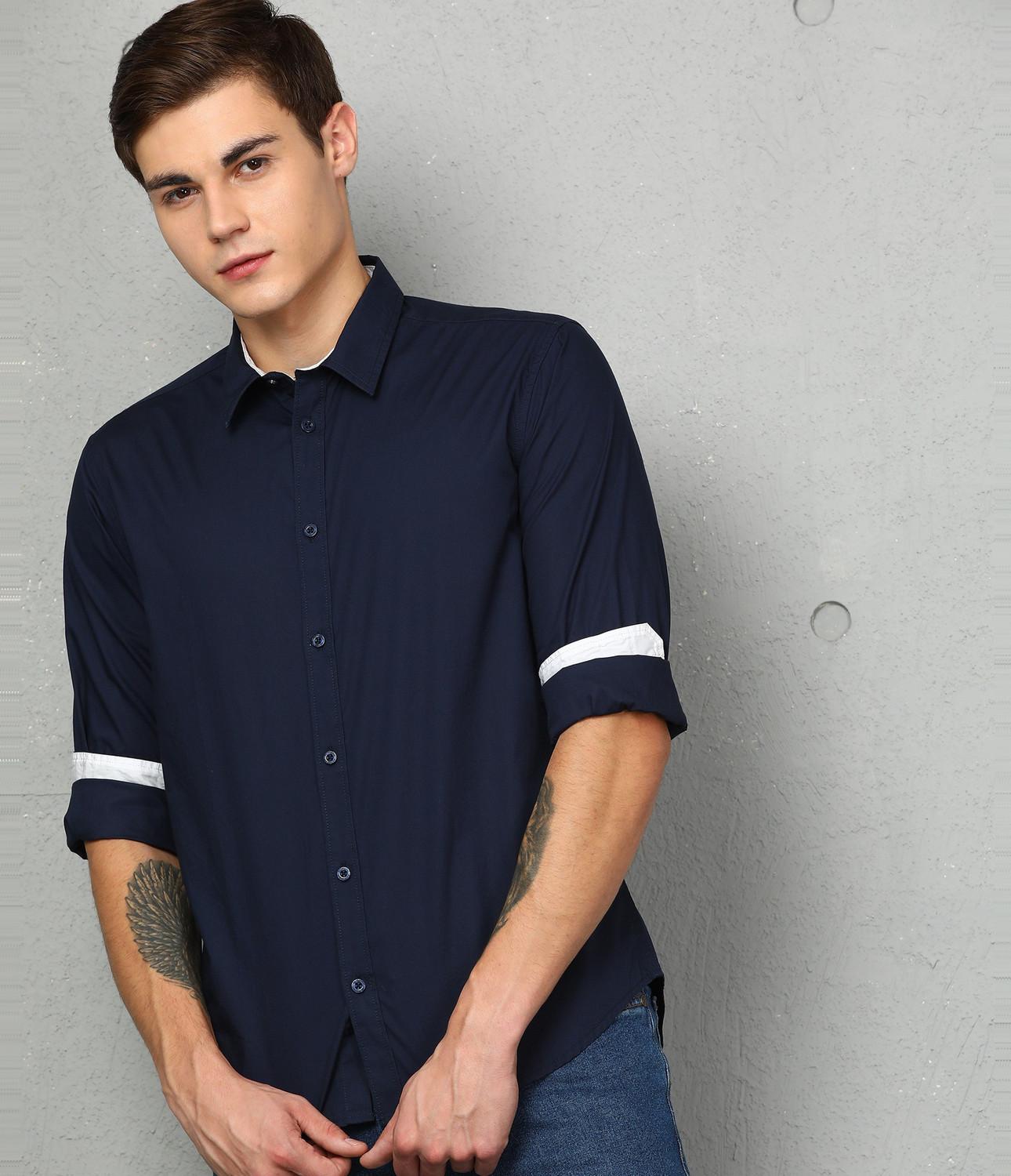 Image of METRONAUT by Flipkart Men Solid Casual Dark Blue Shirt