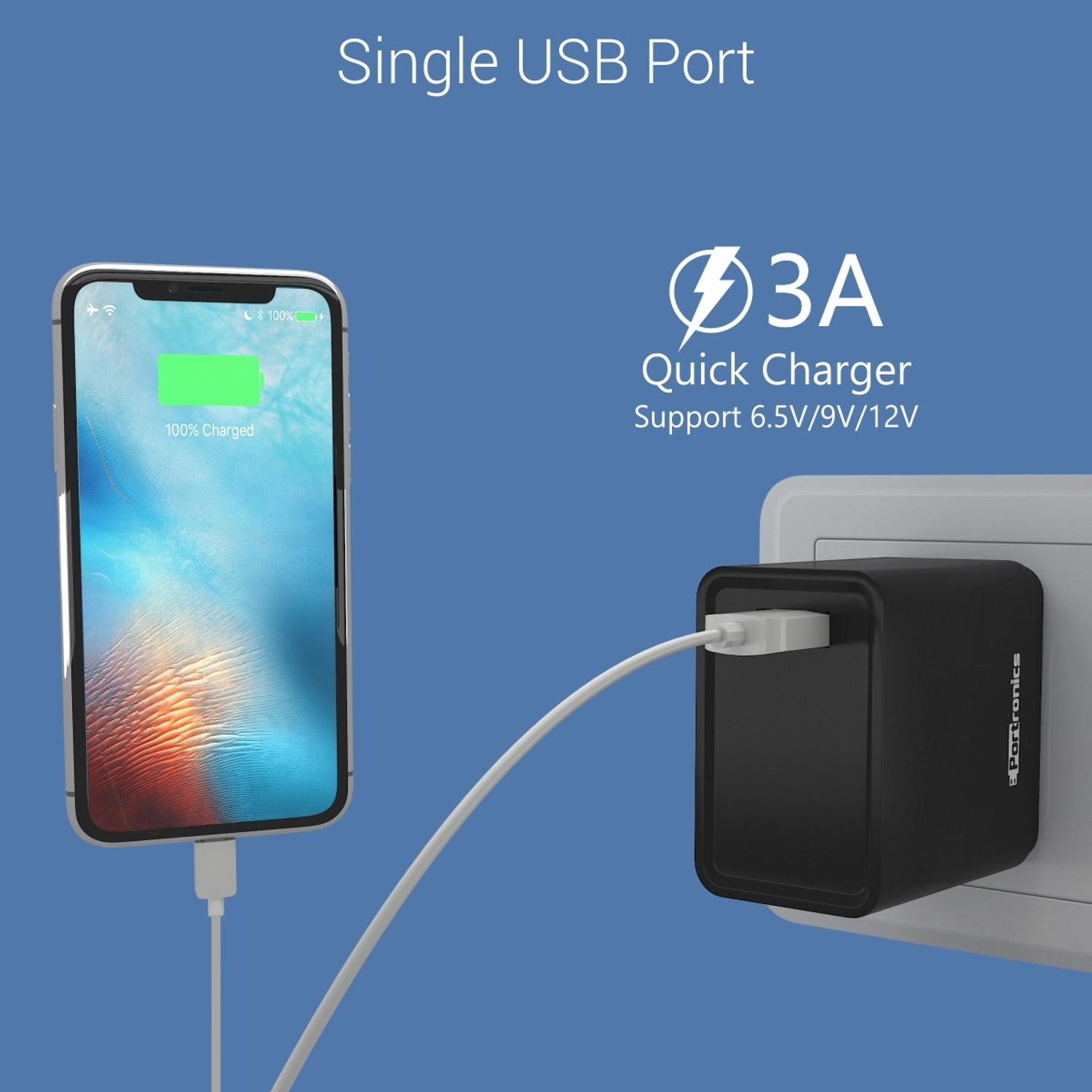 Image of Portronics 18 W Quick Charge 3 A Wall Charger for Mobile with Detachable Cable