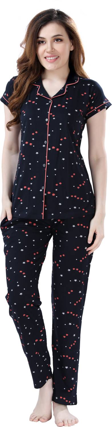 AV2 Women Polka Print Dark Blue Shirt & Pyjama set